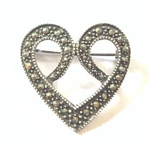 Silver Marcasite 925 Heart Brooch Sterling Marsala Vintage Love